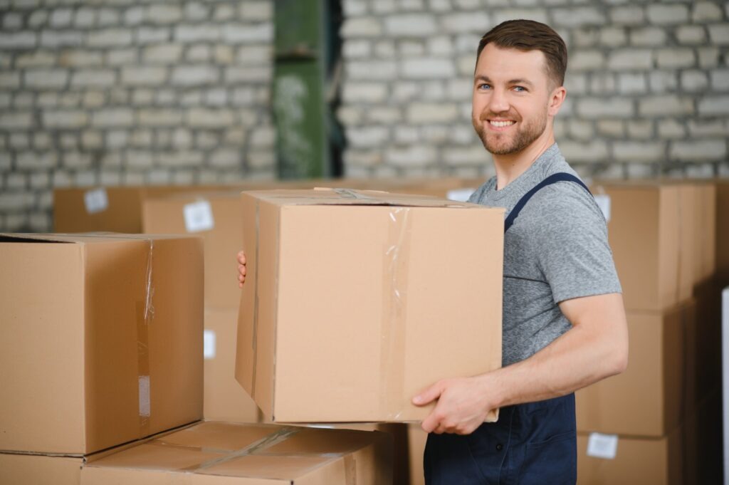 Warehouse worker carrying a carton for delivery to production stock.